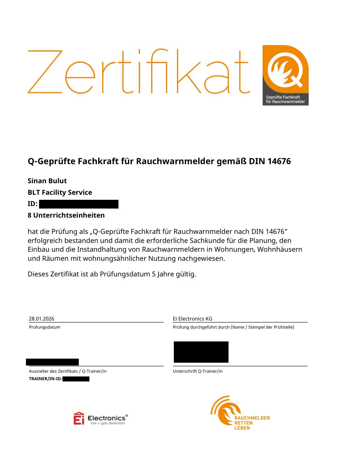 Rauchwarnmelder an einer Zimmerdecke – Wartung durch Q-geprüfte Fachkraft der BLT Facility Service